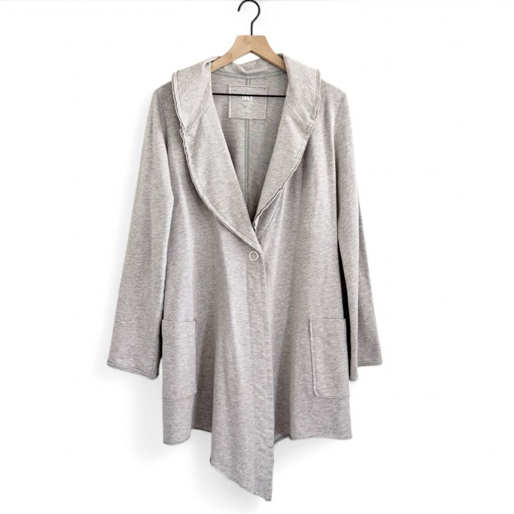 Lucy Heather Gray Terry Knit Long Cardigan Deep V Snap Closure Pockets Size M